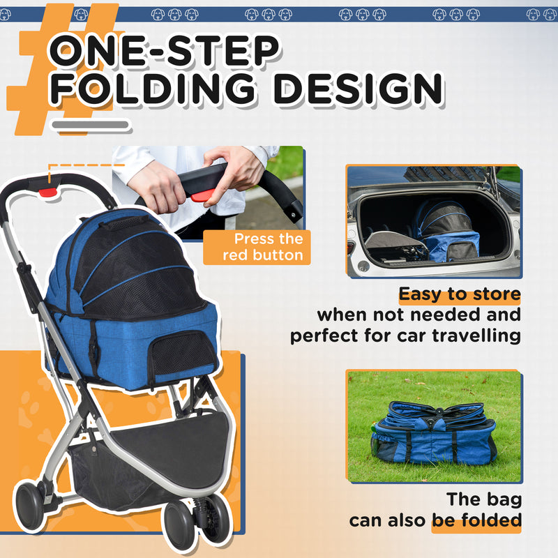 Detachable Pet Stroller Pushchair Foldable Dog Cat Travel Carriage 2-In-1 Design Carrying Bag Dark Blue