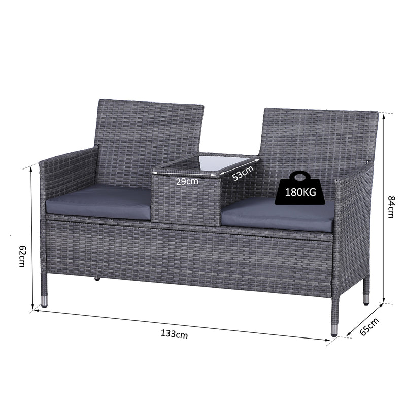 Garden Rattan 2 Seater Companion Seat Wicker Love Seat Weave Partner Bench with Cushions Patio Outdoor Furniture - Grey