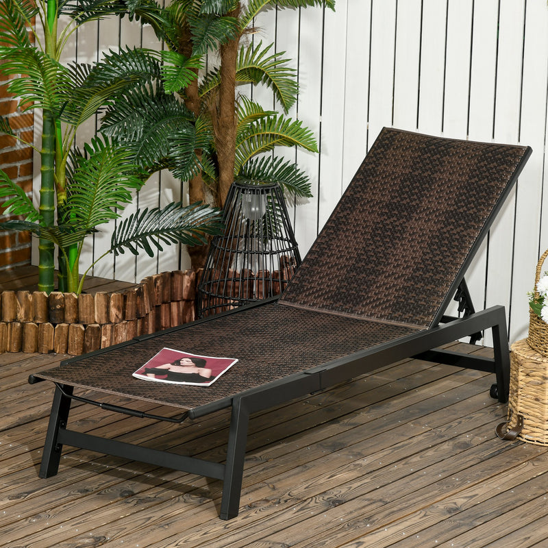 Outdoor PE Rattan Sun Loungers, Patio Wicker Chaise Lounge Chair with 5-Position Backrest, Wheels for Sun Room, Garden, Poolside, Brown