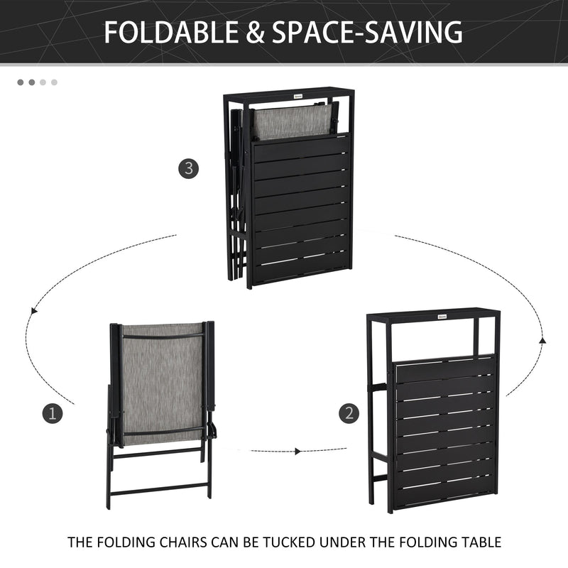 3 Pcs Folding Garden Furniture Set, Foldable Table and 2 Chairs Set w/ Side Shelf, Metal Frame, Indoor Outdoor Patio Balcony