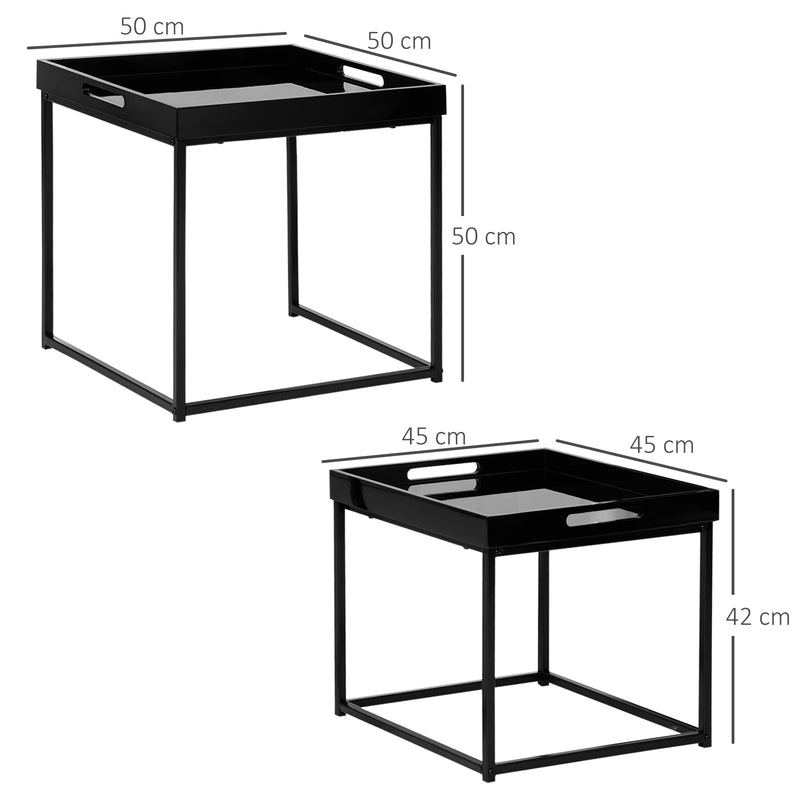 Modern Coffee Table Set of 2, Square Nest of Tables with Steel Frame and High Gloss Effect for Living Room, Black