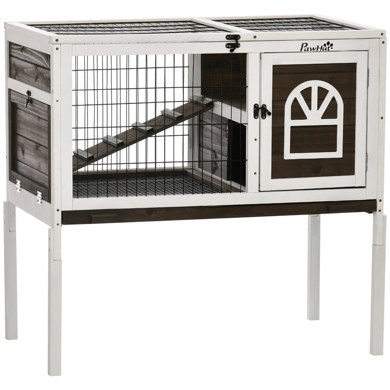 Wooden Rabbit Hutch with Openable Roof, Elevated Guinea Pig Cage with Ladder, Small Animal House w/ Slide-out Tray 90 x 53 x 87cm Coffee Brown
