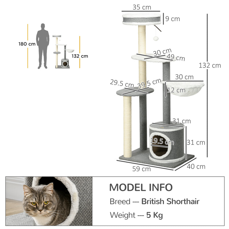 Cat Tree for Indoor Cats, Cat Tower with Scratching Posts, Multi-level Kitten Climbing Tower, 132cm