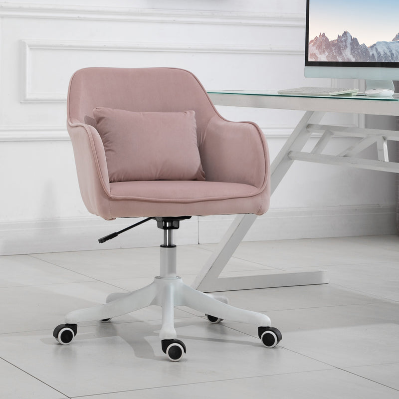 Velvet-Feel Tub Office Chair w/ Massage Pillow Wheels Adjustable Height Ergonomic Padding Luxe Home Style Seat Pink