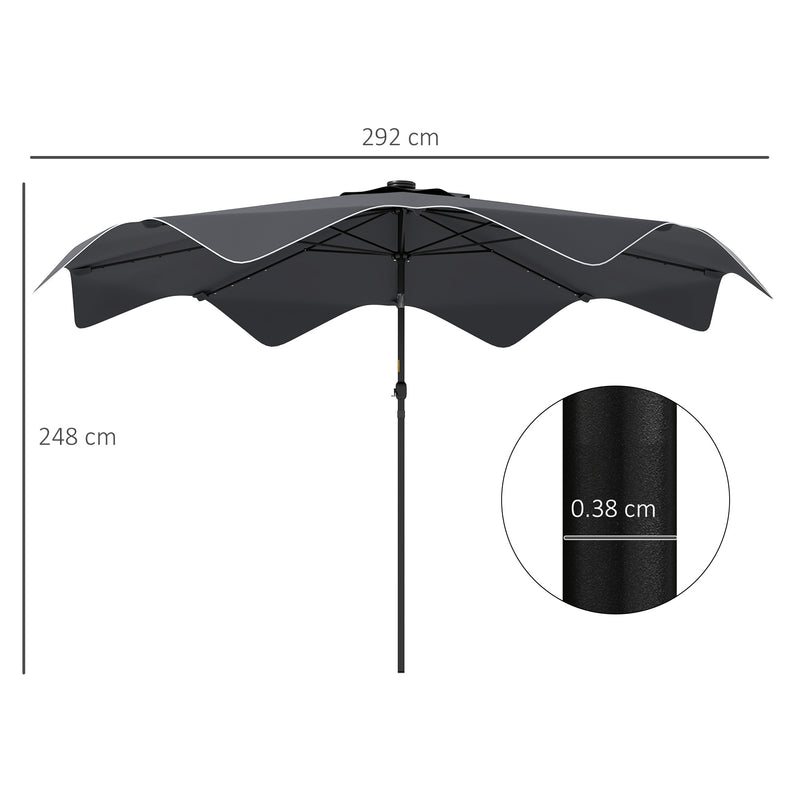 Solar Patio Umbrella with LED and Tilt, Outdoor Market Table Umbrella Parasol with Crank, 3 x 3 (m), Dark Grey