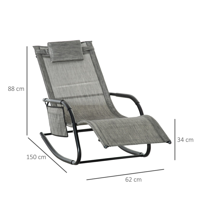 Breathable Mesh Rocking Chair Patio Rocker Lounge for Indoor & Outdoor Recliner Seat w/ Removable Headrest for Garden and Patio Dark Grey