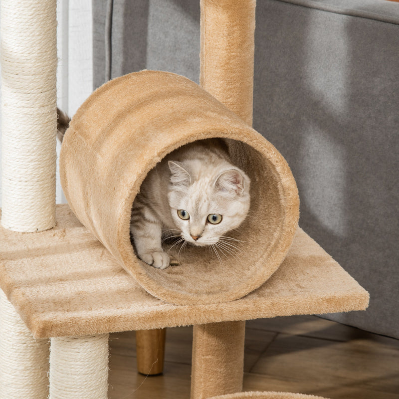 121cm Cat Tree Tower Kitten Activity Center Scratching Post with Bed Tunnel Perch Interactive Ball Toy Brown