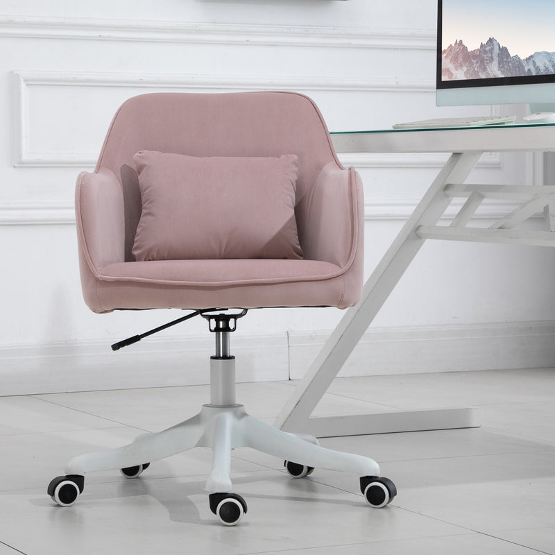 Velvet-Feel Tub Office Chair w/ Massage Pillow Wheels Adjustable Height Ergonomic Padding Luxe Home Style Seat Pink