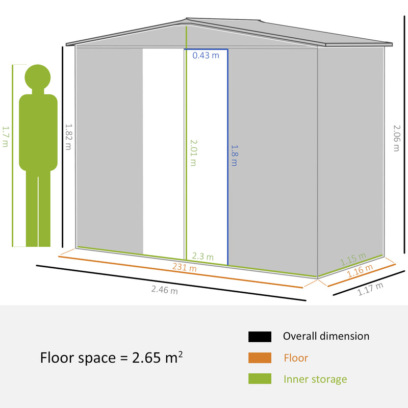 8 x 4 ft Metal Garden Storage Shed Apex Store with Lockable Door, Steel Tool Storage Box for Backyard, Patio and Lawn, Green