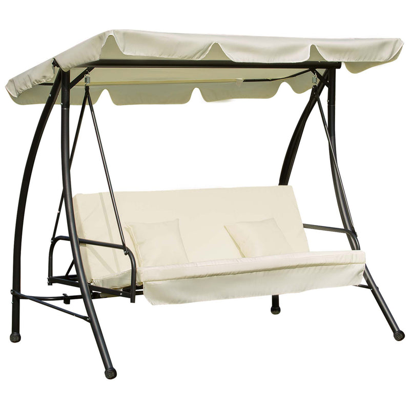 3 Seater Swing Chair 2-in-1 Hammock Bed Patio Garden Chair with Adjustable Canopy and Cushions, Cream White
