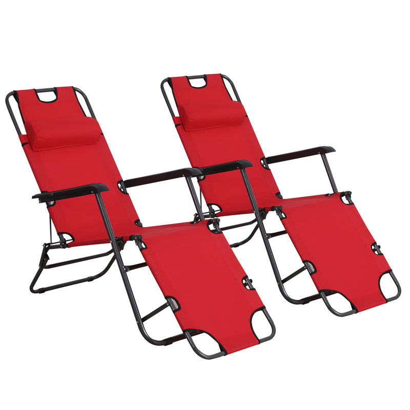 2 Pieces Foldable Sun Loungers with Adjustable Back, Outdoor Reclining Garden Chairs with Pillow and Armrests, Red