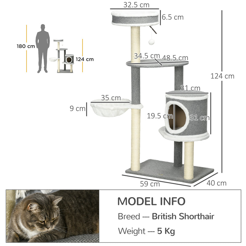 Cat Tree for Indoor Cats, Cat Tower with Scratching Posts, Multi-level Kitten Climbing Tower, 124cm