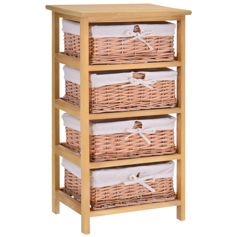 4 Drawer Dresser Wicker Basket Storage Shelf Unit Wooden Frame Home Organisation Cabinet Bedroom Office Furniture Natural Finish 73x40cm