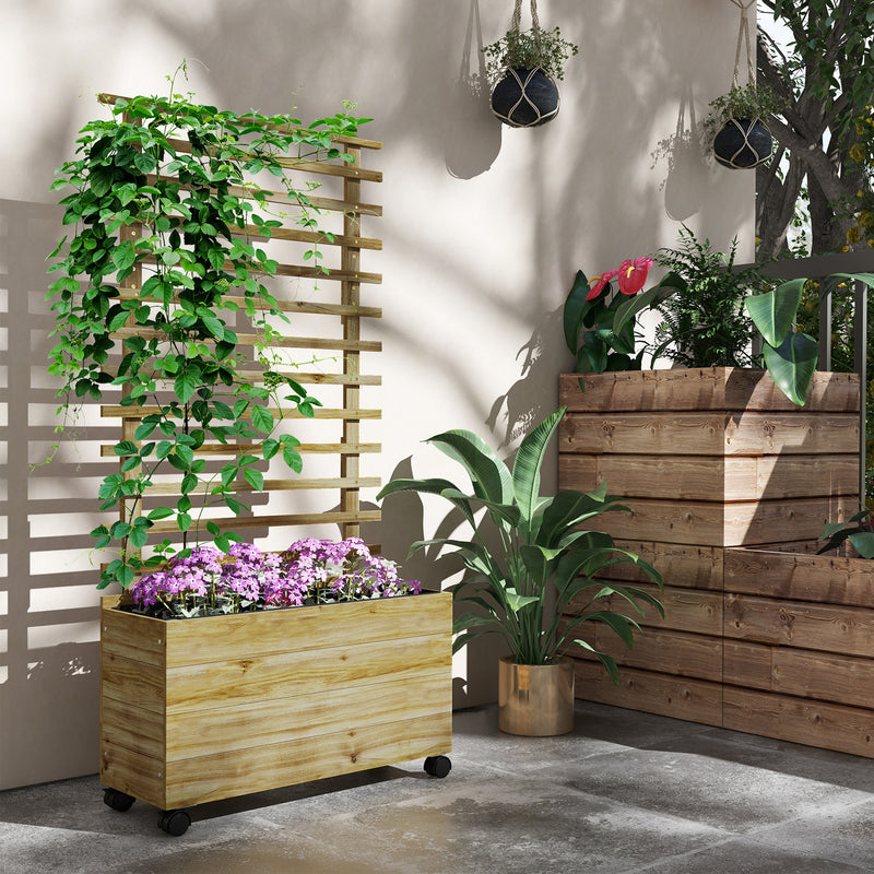 Wooden Garden Raised Bed with Trellis, Planter Box with 4 Wheels for Climbing Plants, 76x30x155cm, Natural