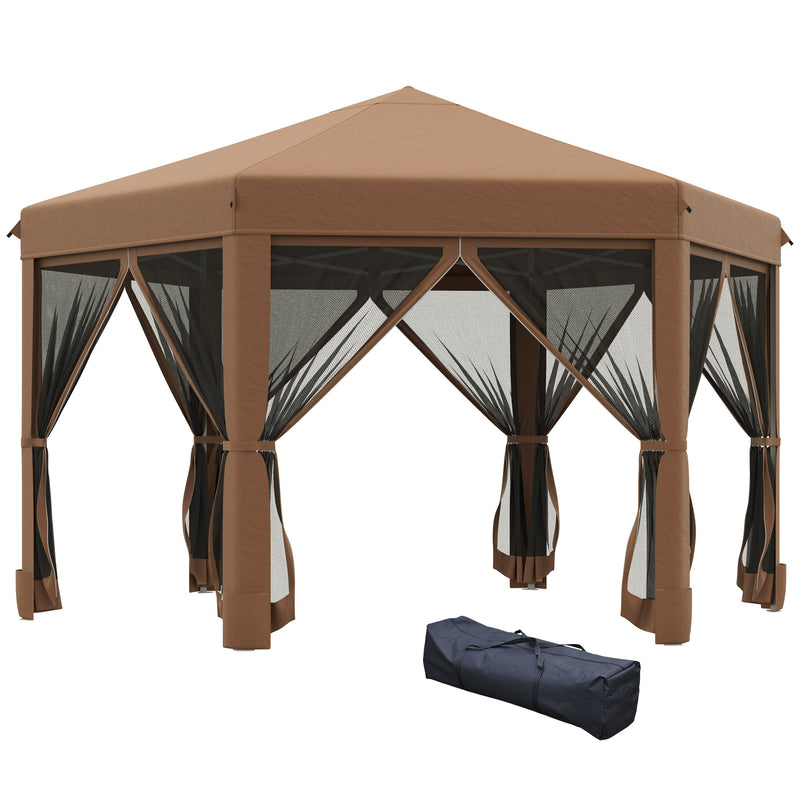 3.2m Pop Up Gazebo Hexagonal Canopy Tent Outdoor Sun Protection with Mesh Sidewalls, Handy Bag, Brown