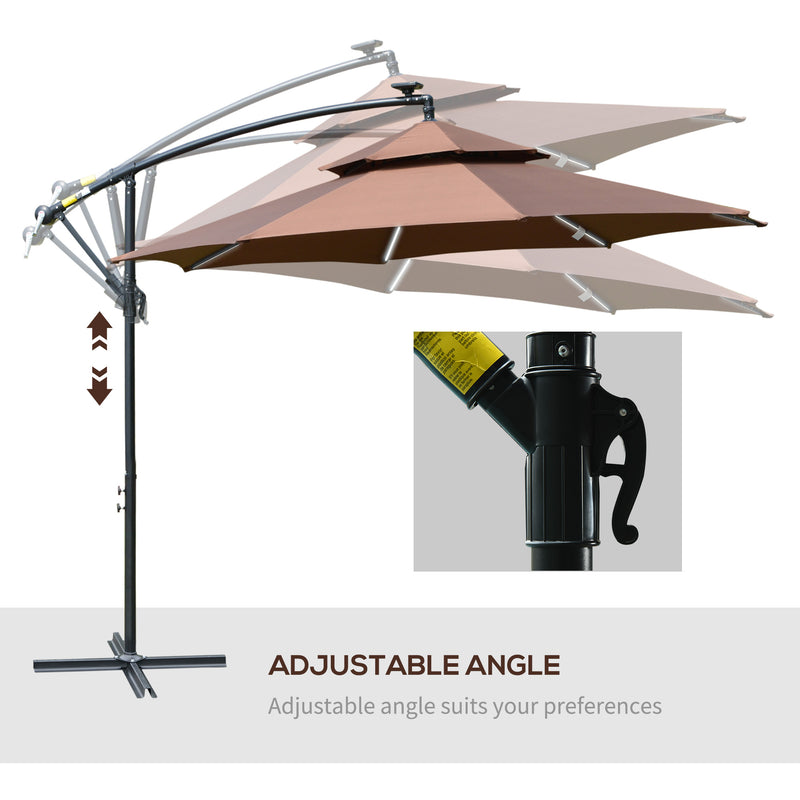 3(m) Cantilever Parasol Banana Hanging Umbrella with Double Roof, LED Solar lights, Crank, 8 Sturdy Ribs and Cross Base for Outdoor, Coffee
