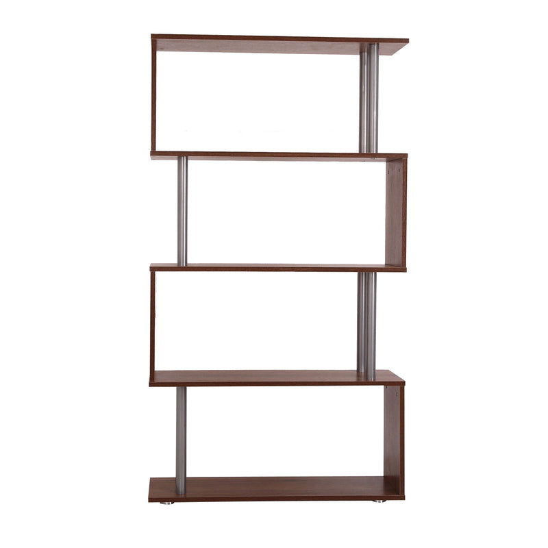 4-Tires Wooden Bookcase S Shape Storage Bookshelf Display for Living Room, Bedroom, Office with Steel Frame, Walnut