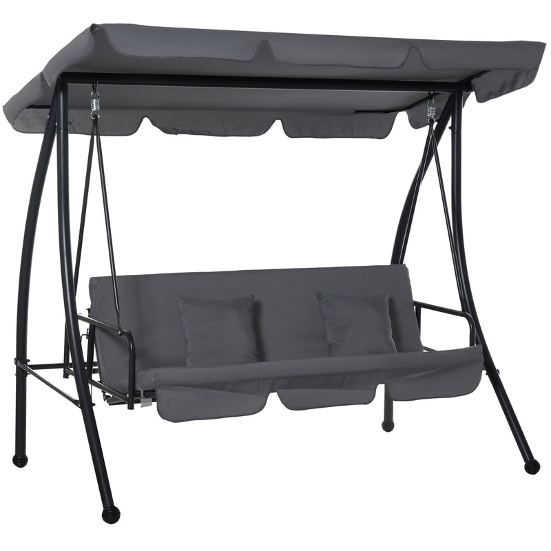 2-in-1 Patio Swing Chair Lounger 3 Seater Garden Swing Seat w/ Convertible Tilt Canopy and Cushion, Dark Grey