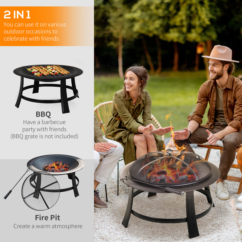 Metal Large Firepit Bowl Outdoor Round Fire Pit w/ Lid, Log Grate, Poker for Backyard, Camping, BBQ, Bonfire, 76 x 76 x 53cm, Black