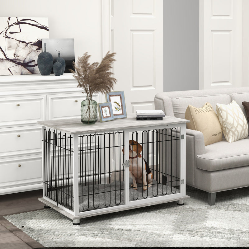 Indoor Dog Crate Furniture, Side End Table, with Soft Washable Cushion, Lockable Doors, for Big Dogs