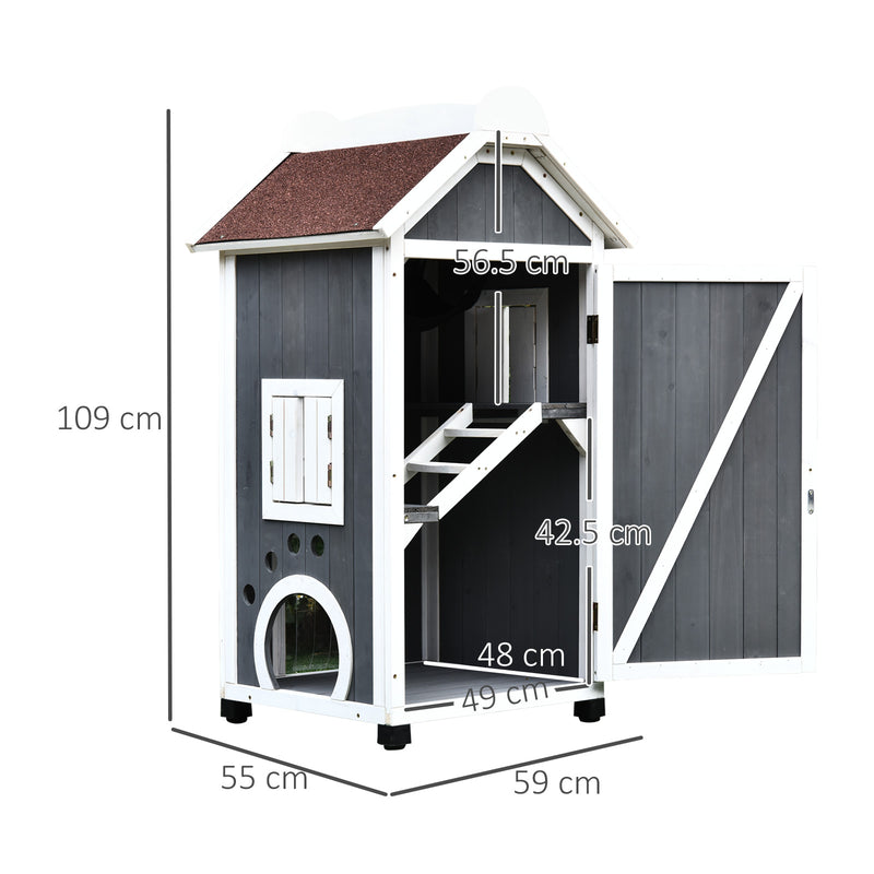 Wooden Cat House, Weatherproof Pet Shelter, Outdoor Cat Condos Cave, 2 Floor Furniture, Grey and White