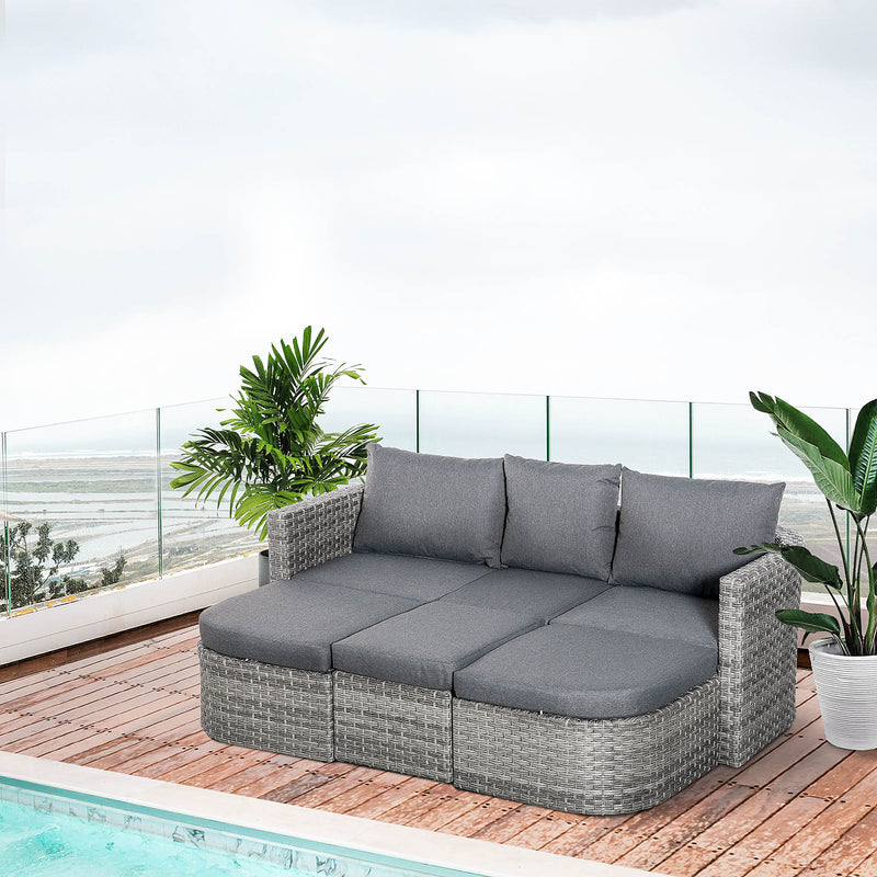 5-Seater Outdoor PE Rattan Sofa Set, Patio Wicker Conversation Double Chaise Lounge Furniture Set w/ Side Table, Large Daybed, Mixed Grey