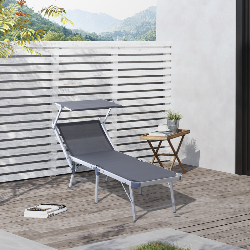 Garden Sun Lounger Texteline Chaise Lounge Reclining Chair with Canopy Adjustable Backrest Bed Aluminium Frame - Grey