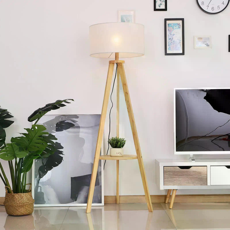 Freestanding Tripod Floor Lamp Bedside Light Reading Light with Storage Shelf Linen Shade for Living Room Bedroom, 154cm, Cream