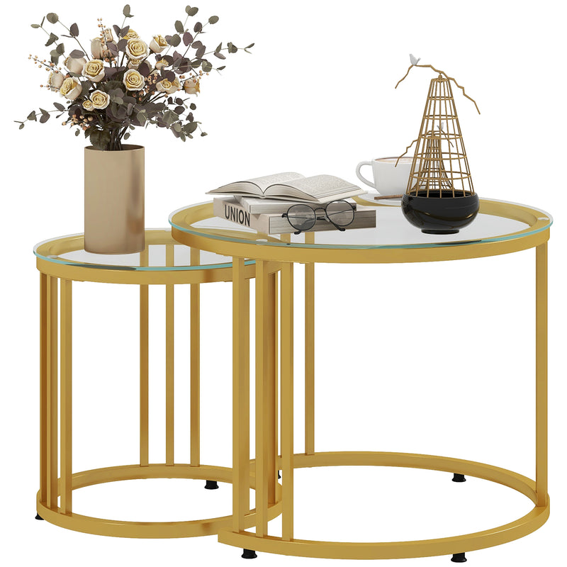 Round Coffee Tables Set of 2, Nesting Tables with Tempered Glass Top and Steel Frame, 60cmx60cmx47cm, Gold Tone