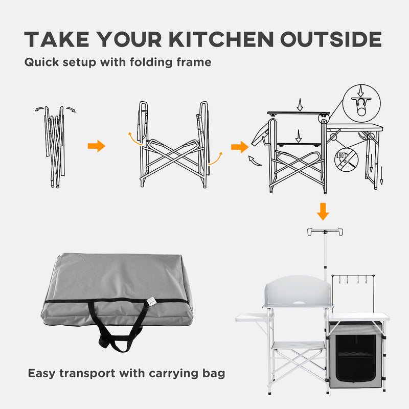 Camping Kitchen with Storage Cupboard, Folding Camping Table, Aluminium Portable Picnic Table with Windshield, Light Stand, Carrying Bag for BBQ, Silver