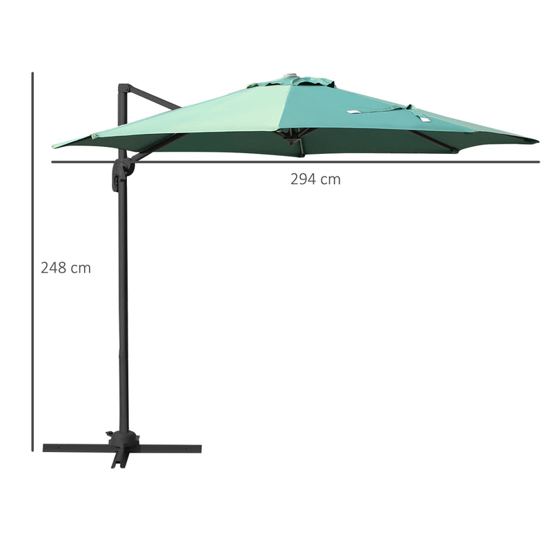 3m Patio Offset Roma Parasol Cantilever Hanging Sun Shade Canopy Shelter 360° Rotation with Cross Base - Green