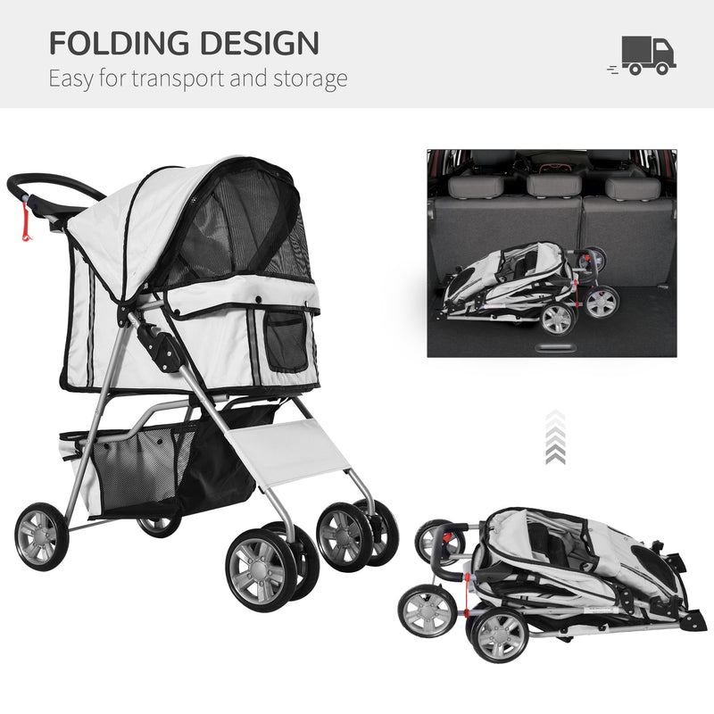 Dog Stroller with Rain Cover for Small Miniature Dogs, Folding Pet Pram with Cup Holder, Storage Basket, Reflective Strips, Grey