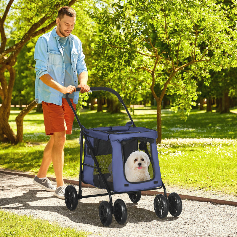 One-Click Foldable Dog Pushchair w/ EVA Wheels, Storage Bags, Mesh Windows, Doors, Safety Leash, Cushion, for Small Pets - Dark Blue