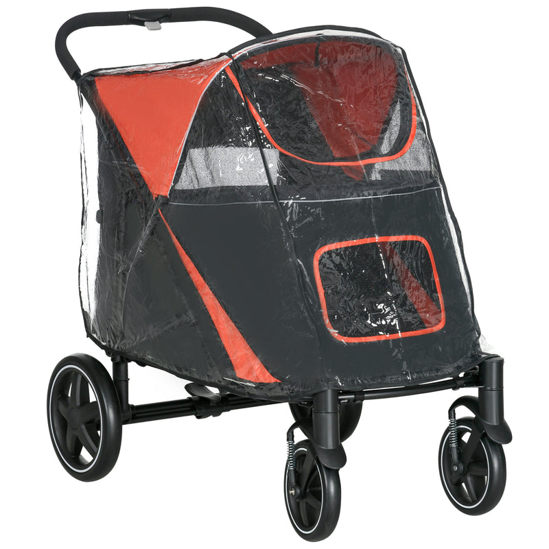 One-Click Foldable Pet Travel Stroller with Rain Cover, Cat Dog Pushchair with Front Wheels, Shock Absorber, Storage Bags, Mesh