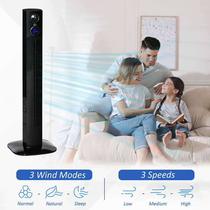 38" Electric Fan Fan Cooling with Aroma Function, Oscillating, 12h Timer, LED Sensor Panel, Remote Controller, Black