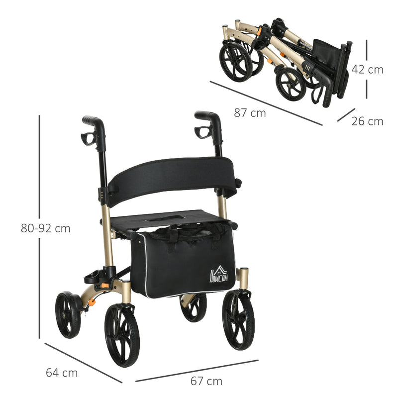 Folding Rollator with Cane Holder, Adjustable Handle Height and Aluminum Frame, 4 Wheeled Mobility Walker with Seat and Bag, Gold