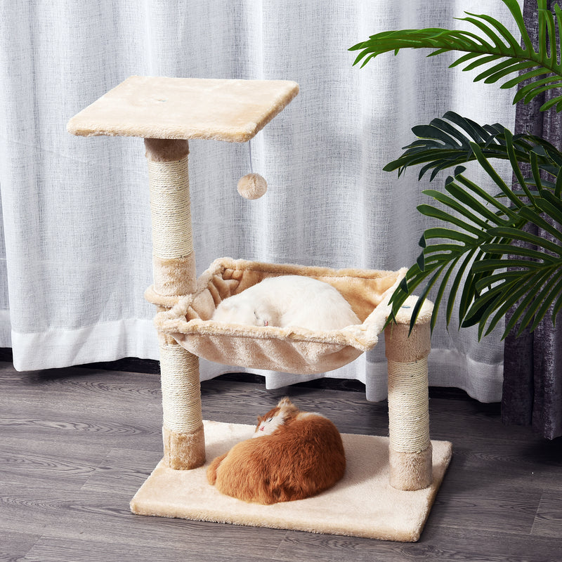 Cat Tree Hammock Bed Natural Sisal Scratching Post w/ Dangle Toy 2 Tier 70cm Pet Scratch Stand