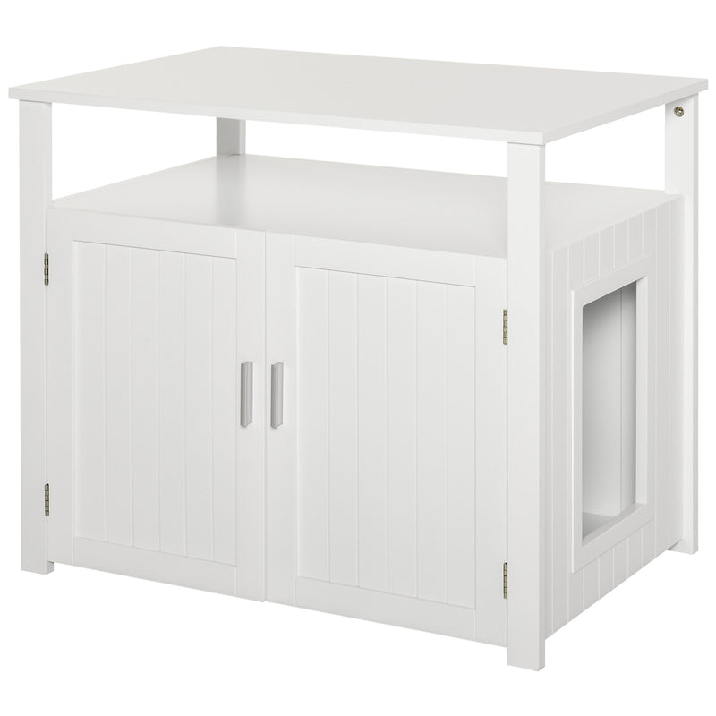 Wooden Cat Litter Box Enclosure Furniture with Adjustable Interior Wall & Large Tabletop for Nightstand, White