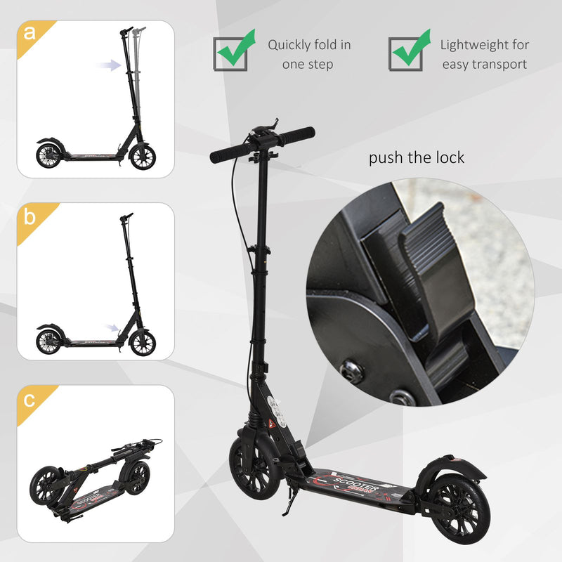Adult Teens Kick Scooter Foldable Height Adjustable Aluminum Ride On Toy for 14+ with Rear Wheel & Hand Brake, Shock Mitigation System - Black