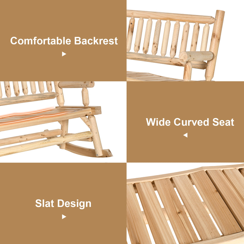 Garden 2-Seater Rocking Bench Wood Frame Rough-Cut Log Loveseat Slatted High Back Rustic Style w/ Armrests Garden Outdoor Furniture, Natural