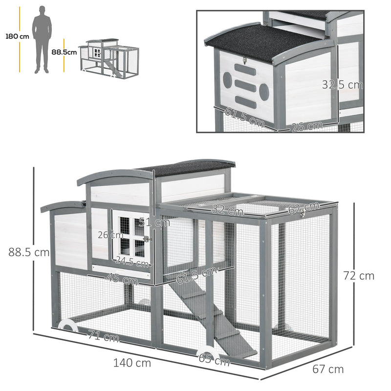 Deluxe Chicken Coop, Hen House, Wooden Poultry Cage w/ Outdoor Run, Nesting Box, Removable Tray, Openable Roof, 140 x 67 x 88.5cm