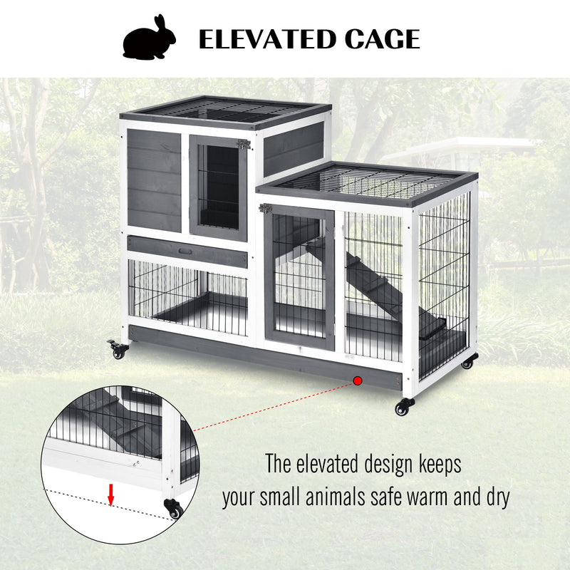 Wooden Indoor Guinea Pigs Hutches Elevated Cage Habitat with Enclosed Run with Wheels, Ideal for Rabbits and Guinea Pigs, Grey and White