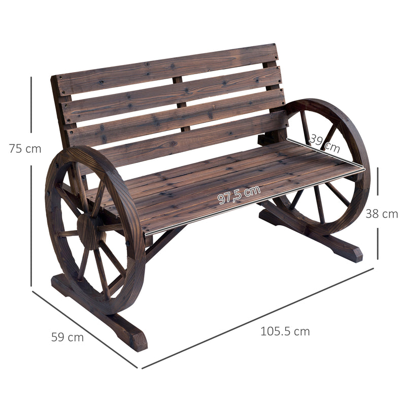 2 Seater Garden Bench with Wooden Cart Wagon Wheel Rustic High Back Brown