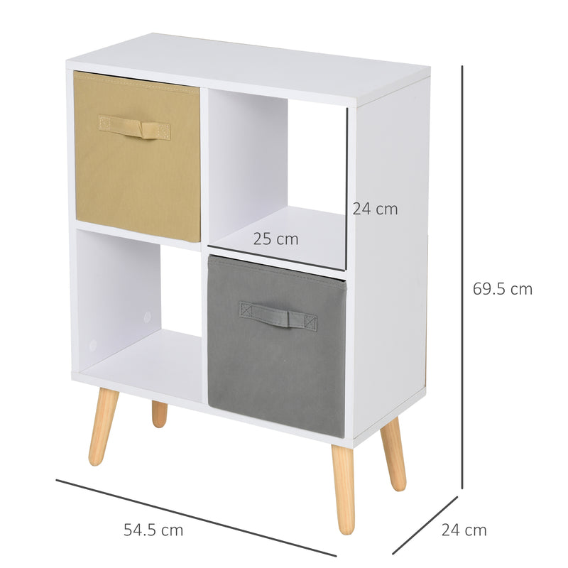 Freestanding 4 Cube Storage Cabinet Unit w/ 2 Fabric Drawers Handles Home Office Organisation Shelves Furniture 54.5L x 24W x 69.5H cm