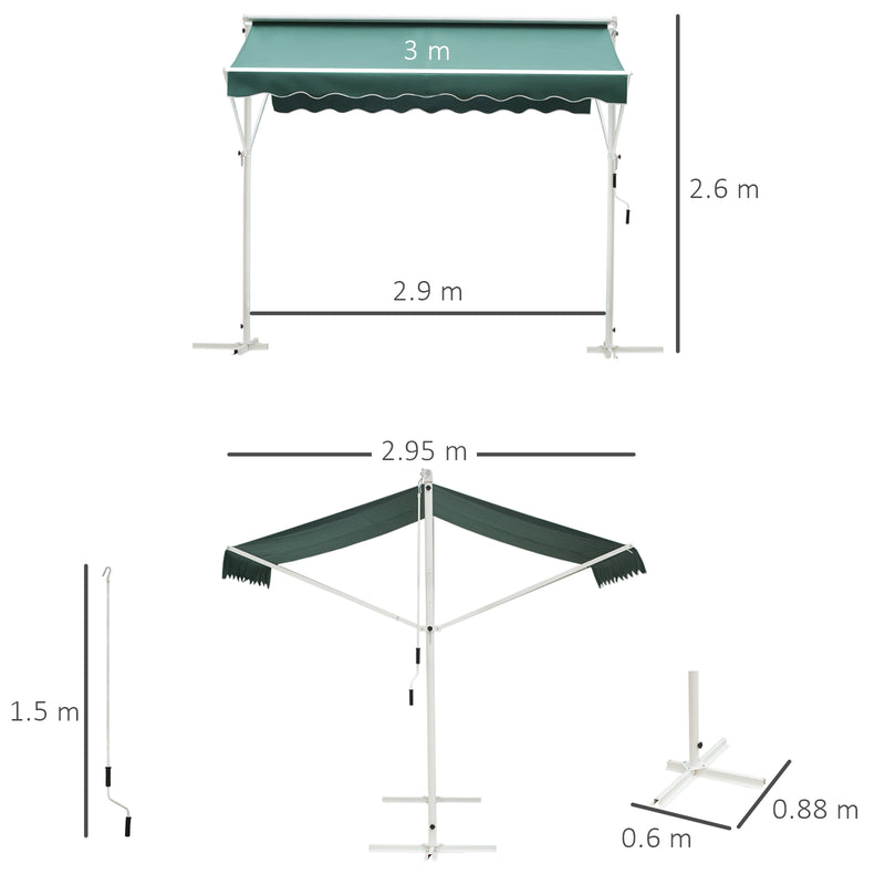 2 Side Manual Awning Garden Adjustable Canopy Free Standing Awning Shelter, 300 x 300 cm, Green and White
