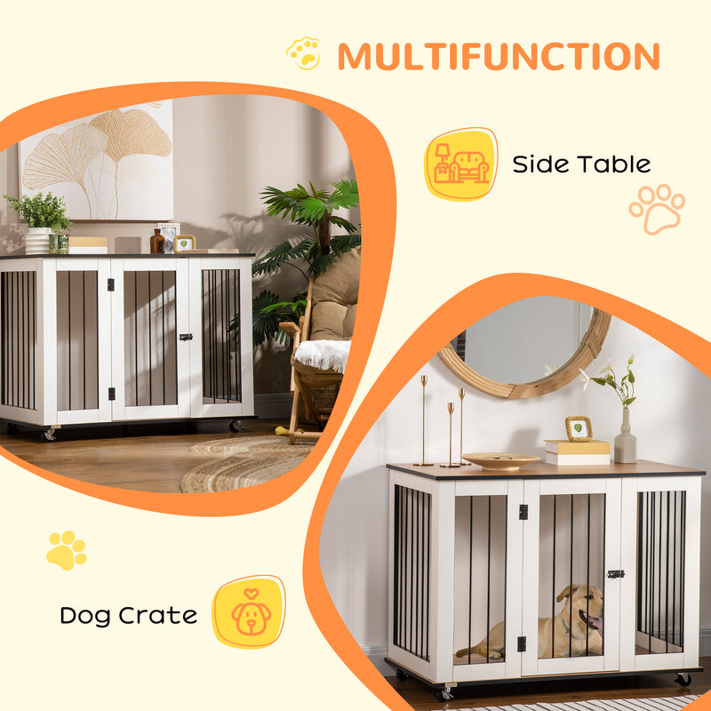 Dog Cage End Table with Five Wheels, Dog Crate Furniture for Large Sized Dogs, with Front Door Latch, Indoor Use, White
