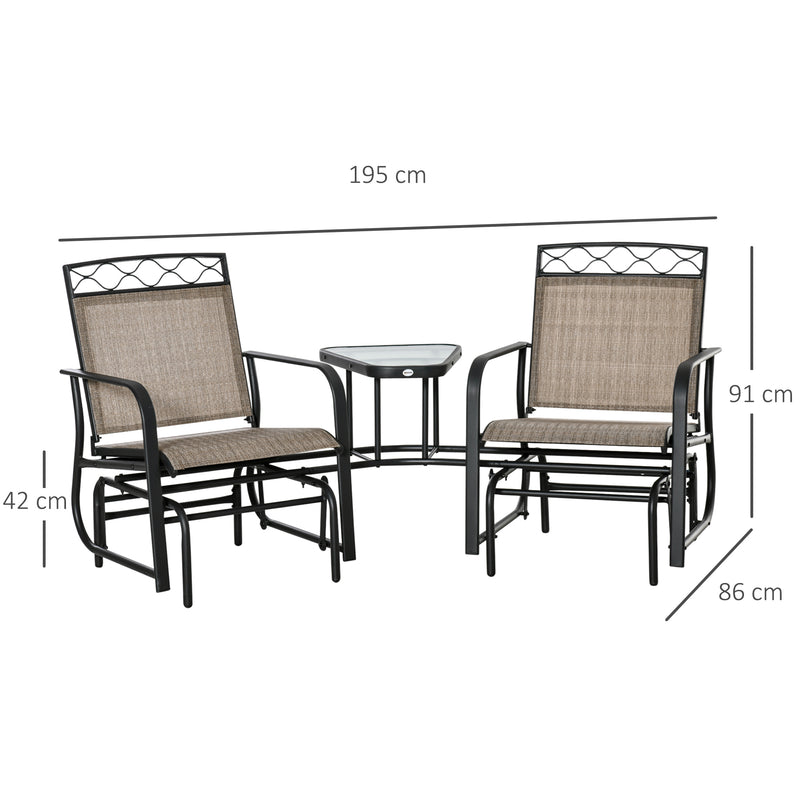 Double Outdoor Glider Chair, 2 Seater Patio Rocking Chairs, Swing Bench w/ Tempered Glass Table, Mesh Fabric for Backyard, Garden, Brown