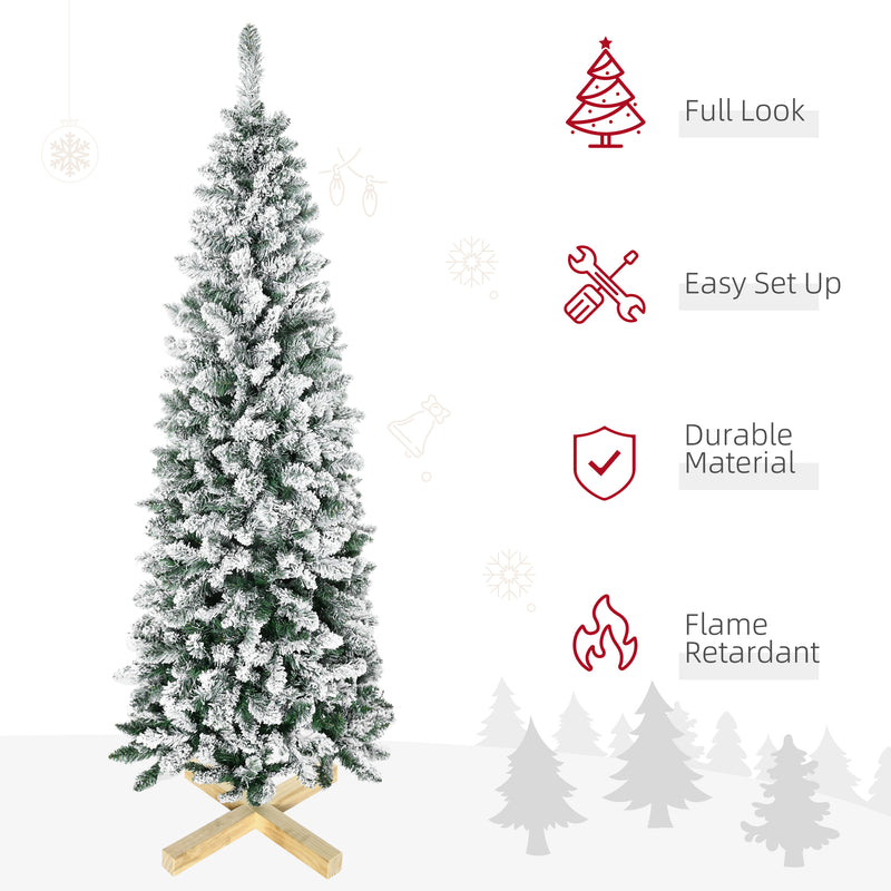 6 Foot Snow Flocked Artificial Christmas Tree, Xmas Pencil Tree with 630 Realistic Branches, Auto Open, Pinewood Base, Green