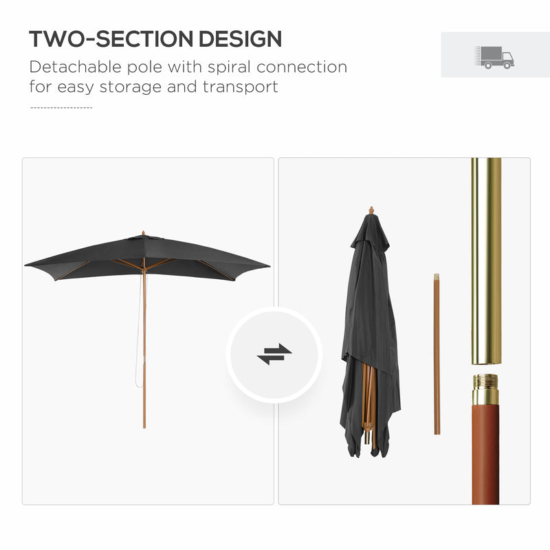 Wooden Garden Parasol Umbrella Outdoor Sun Shade Canopy, Dark Grey，2 x 3m