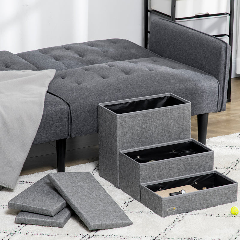 Cat Stairs with Storage Boxes, 3 Steps Dog Stairs for Bed, Pet Ladder for Couch Sofa, Easy Installation, 63.5 x 42.5 x 40.5 cm, Light Grey